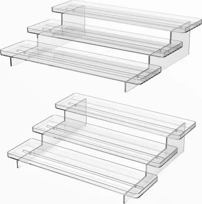 Produktbild von Unyqoos® Gewürzregal 3‑stufig – transparenter, lebensmittelechter Acryl Kräuterorganizer, klappbares Stufenregal mit erhöhtem Rand, 2er-Set