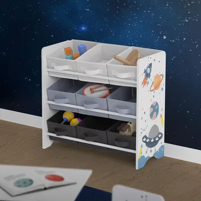Zdjęcie produktu dla Półka dziecięca Joyz, space, 62,5x29,5x60 cm, biała, półka na zabawki z 9 schowkami z włókniny, regał dziecięcy z 3 półkami
