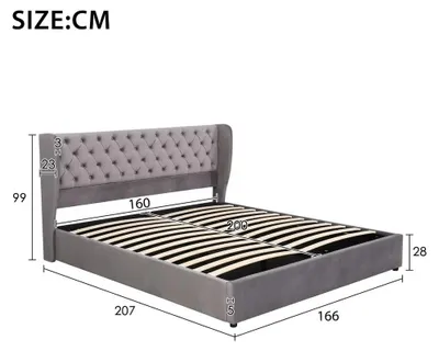 Immagine prodotto di Letto imbottito - Letto matrimoniale - 160 x 200 cm - Rivestimento in velluto - Contenitore a sollevamento idraulico - Trapuntatura a bottoni - Testiera a forma di orecchie - Grigio
