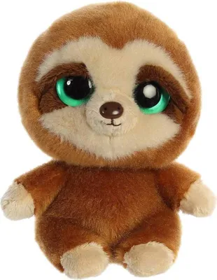 A studio shot of a plush sloth toy against a white background.