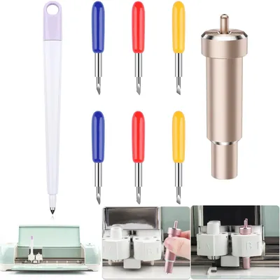 Produktbild von Ritzwerkzeug und Ersatzklingen-Set - 8-teiliges Scoring Stylus Stift-Set mit 30/45/60 Grad Schneidklingen und Gehäuse für elektronische Schneidemaschinen