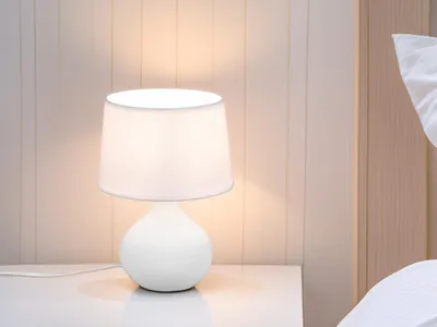 Produktbild von LED Tischlampe mit Keramikfuß & Stoffschirm Weiß, Nachttischlampe, Höhe 29cm