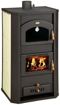 A freestanding wood-burning stove with a glass door showing flames, an oven compartment, and a storage drawer.