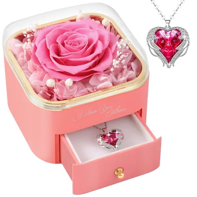 Produktbild von Ewige Rose mit Halskette, Konservierte Echte Rose, Geschenk für Frauen, Rosa