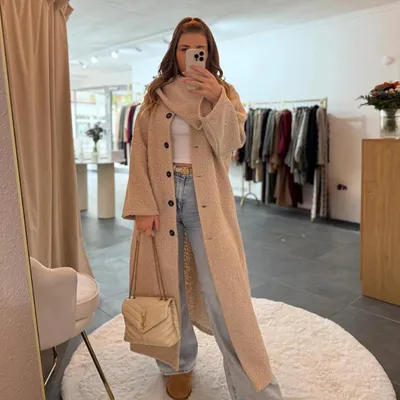 Produktbild von Mantel Kuscheliger "Pia" Beige, für Damen Mantel, Herbst & Winter Mantel, Winterjacke, Frauen Mäntel, Langer Mantel mit integriertem Schal, Jacke