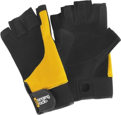 Fingerhandschuhe "Falconer 3/4" von Singing Rock; schwarz mit gelben Akzenten; ideal für Kletter- und Outdoor-Aktivitäten.
