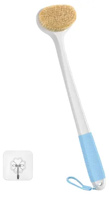 Produktbild von Rückenbürste für die Dusche mit 43 cm langem Griff, rutschfestem Griff, Trockenbürste, Duschbürste mit Naturborsten zur Lymphdrainage – weiß mit blauem Griff