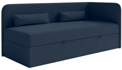 Image de Selsey Calmmo - Lit d'adolescent 90x200 avec coffre de lit, housse chenille, tête de lit à droite, bleu foncé