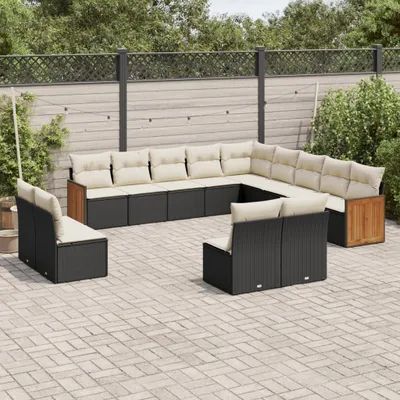 Produktbild von Design 13-tlg. Garten-Sofagarnitur mit Kissen Schwarz Poly Rattan, Gartenmöbel-Sets 2024 Neu