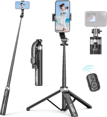 Produktbild von Qirita Selfie-Stick-Stativ, 130 cm ausziehbarer Handy-Ständer mit Fernbedienung Schwarz