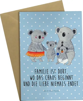Produktbild von Mr. & Mrs. Panda Grußkarte Koala Familie - Blau Pastell - Geschenk, osterkarte, Koalas, Klappkarte, Mama, hochzeitskarten, Muttertag, weihnachtskarten, Kinder