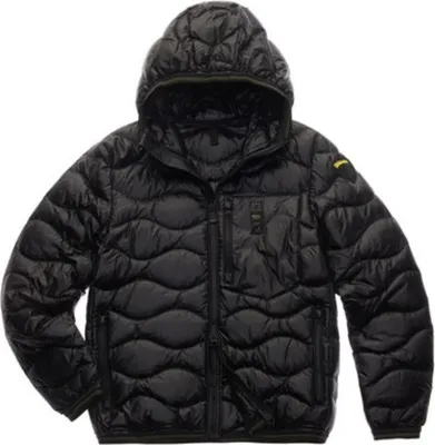 A black puffer jacket with a hood.