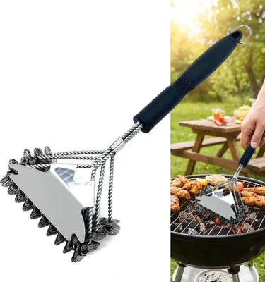 Produktbild von Grillbürste Edelstahl 3-in-1 mit Schaber, kratzfrei & robust, ergonomischer Griff, extra breite Borsten, für Weber, Keramik, Gas- & Holzkohlegrill