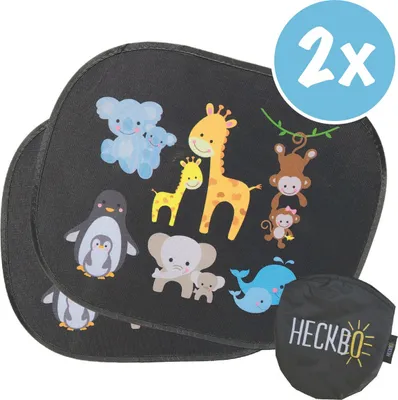 Produktbild von 2X HECKBO Auto Sonnenblende mit 8 Saugnäpfen - Baby Tiere mit Mama - 44cm x 36cm - Auto Sonnenschutz Autosonnenblende - mit Tasche - für Baby Kinder Mädchen Jungen
