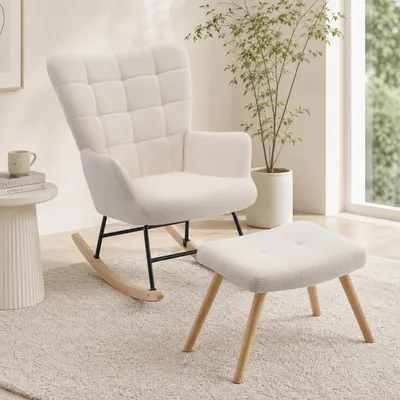 Produktbild von MODFU Relaxsessel Schaukelstuhl,Relaxstuhl mit Hocker und gepolstertem Kissen,Loungesessel aus Sherpa,hoher Rückenlehne,Beige