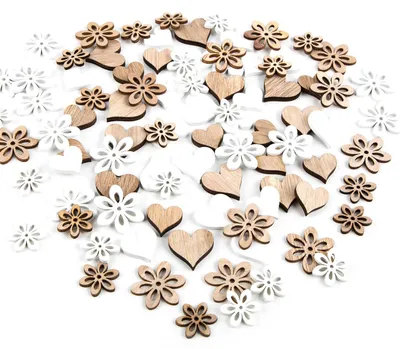 Produktbild von Streudeko Set 40 Mini Herzen + 45 Blumen in Natur weiß braun - Holz Tischdeko zum Streuen Hochzeit