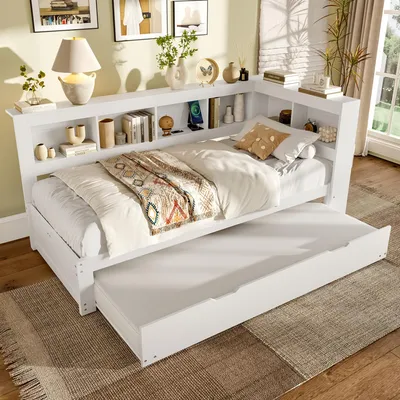 Obrázek produktu pro MODFU Rozkládací postel 90x200 Denní postel,bez matrace s USB+zásuvkou,výsuvná postel,Tínedžerská postel s roštem,Bílá