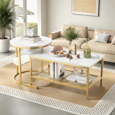 Produktbild von Fortuna Lai 2er Couchtisch Set, Marmoroptik mit Ablage & Metallrahmen, Weiß + Gold