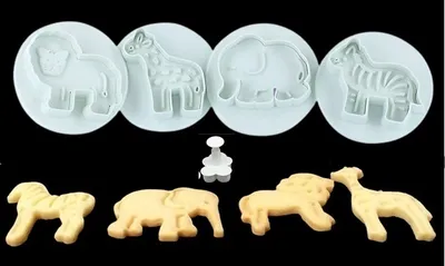 Produktbild von GKA 4 Stück Plätzchenstempel Safari Zoo Tiere Löwe Elefant Giraffe Zebra Ausstecher Keksausstecher Plätzchenausstecher  mit Feder und Auswurfmechanismus