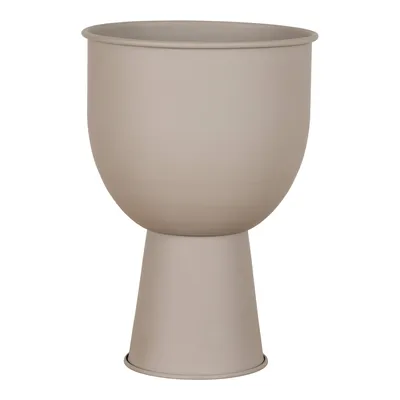 A beige planter on a stand, isolated on a white background.