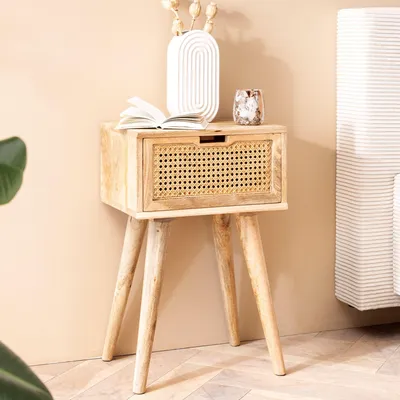 Zdjęcie produktu dla FineBuy konsola nocna z szufladą z rattanu z litego drewna mango - stolik nocny boho & naturalny design stolik nocny do łóżka na sprężynach, ręcznie robiona wiedeńska wiklina