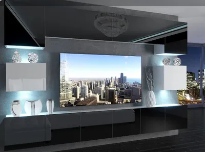Produktbild von Wohnwand Schrankwand IMPERIA I 300 cm viele Farbkombinationen hochglanz matt SCHWARZ WEISS HOCHGLANZ IMP 3/5/W/BWB/0/0 mit LED Beleuchtung