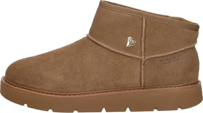 A side view of a single brown winter boot.