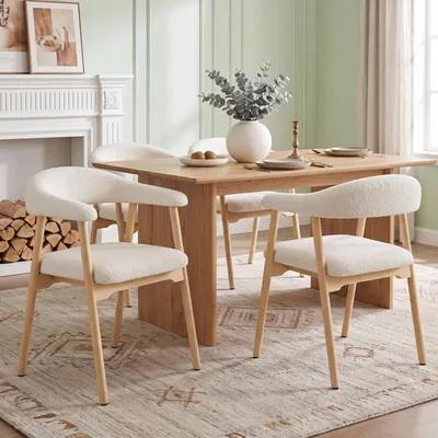 Produktbild von Flieks Esszimmerstühle 4er Set aus Massivholz, geeignet für Esszimmer, Wohnzimmer, Cafés, Boucle, Polsterstühle, Küchenstühle, Naturholzfarbe+Beige