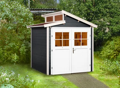 Productafbeelding van WEKA 226.2121.16400 Tuinhuis/blokkenhuis Luna met dubbele deur; Afmetingen: 1; Kleur: Anthraciet; Wanddikte: 21 mm; Afmetingen (L x B x H): 209 cm x 205 cm x 252 cm; Hoogte zijwand: 197 cm