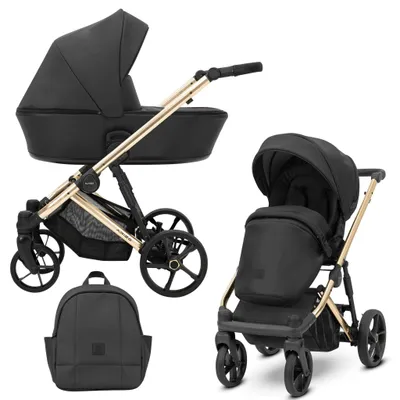 Obrázok produktu pre Kočík Kunert ARIZO PREMIUM 2v1 z ekokože v čiernej farbe so zlatým rámom, prenosnou postieľkou a príslušenstvom