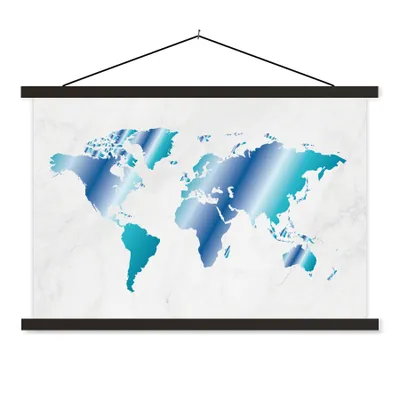 Produktbild von MuchoWow® Textilposter Weltkarte - Blau - Marmor 90x60 cm mit schwarzem Rahmen - Aufhängungssatz