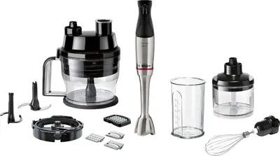 A collection of kitchen blender accessories and the blender wand are arranged on a white background.