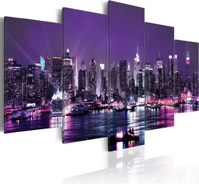 Produktbild von Modernes Wandbild d-A-0022-b-o (100x50) - 5 Teilig Bilder Fotografie auf Vlies Leinwand Foto Bild Dekoration Wand Bilder Kunstdruck NEW YORK NYC SKULINE STADT BEI NACHT