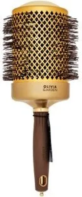 A studio shot of a round hairbrush.
