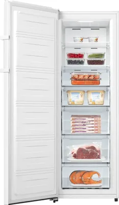 An open white freezer with various food items stored inside on shelves.