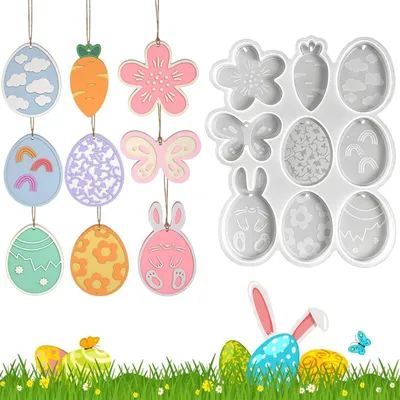 Image de Moules en silicone pour moulage, thème de Pâques, lapins, 9 ornements