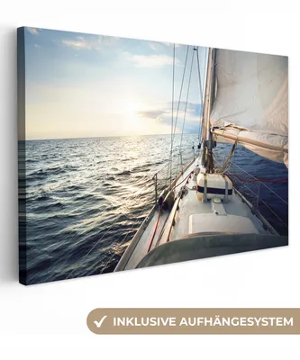 Produktbild von MuchoWow® - Leinwandbilder - Meer - Segelboot - Sonne, Wandbild, Wanddeko Bilder Wohnzimmer, 120x80cm