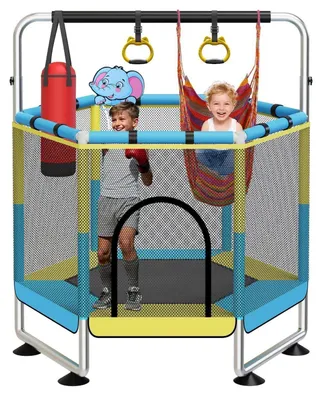 Produktbild von Trampolin Kinder 150cm Outdoor/Indoor Blau mit Sicherheitsnetz und verstellbarer Turnstange, 200 kg