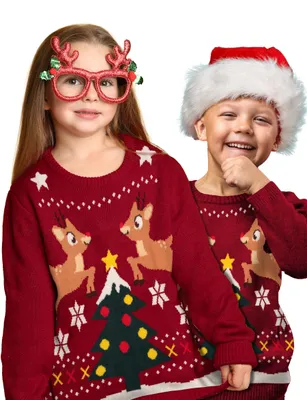Produktbild von Winterpullover für Kinder - Rentiere Winter Strick Pullover Sweatshirt Ugly Sweater Rot 98-104