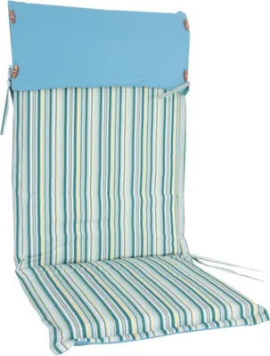 A chair cushion with a blue top and a striped pattern on the seat and back.
