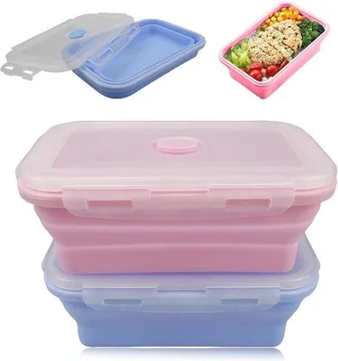 Produktbild von Famanu Aufbewahrungsboxen Set von 2 - Faltbare Silikon-Lunchbehälter 800ml in Blau und Rosa