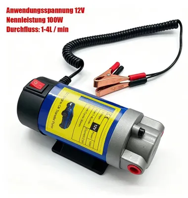 Obrázek produktu pro Elektrická olejová pumpa – pumpa pro přenos oleje – 12 V – 100 W – 1–4 l/min – pro motorový a převodový olej – 30 minut provozního cyklu – hadice 6/8/10 mm x 1 m