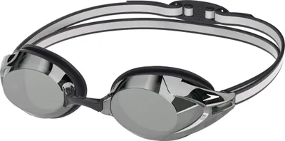 A pair of mirrored swimming goggles on a white background.