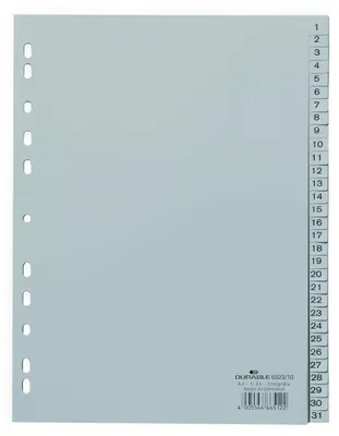 Produktbild von Durable Zahlenregister 1-31, A4 Register aus PP, 10 Stück, grau, 652310