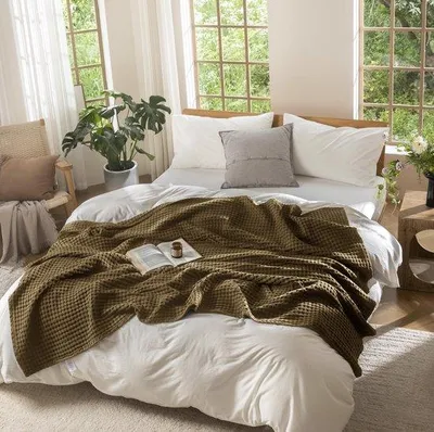 Obrázok produktu pre Unyqoos® prikrývka z 100% čistej bavlny s vaflovou štruktúrou, 150 x 200 cm, priedušná, Oeko-Tex – všestranná prikrývka vhodná na pohovku, posteľ a piknik