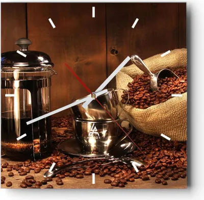 Produktbild von Wanduhr - Quadrat - Glasuhr - Kaffeebohnen gerösteter Kaffee Tasse - 30x30cm - Schleichendes Uhrwerk - Lautlos - zum Aufhängen bereit - Dekoration Modern - Wanddekoration aus Glas - C3AC30x30-0434