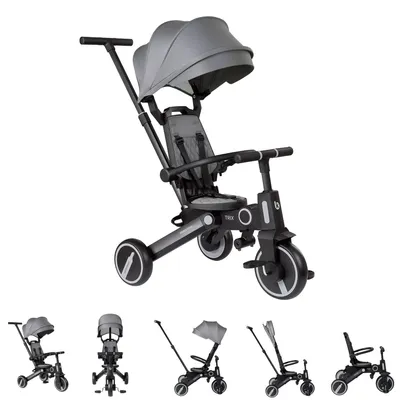 Produktbild von Kikkaboo Dreirad, Tricycle Trix 3 in 1 Schiebegriff, Sonnendach faltbar, Gurt grau