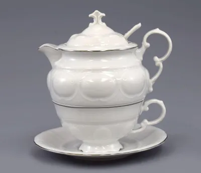 Produktbild von Tasse mit Teekanne, tschechisches Porzellan, Platinlinie, 0,2 l und 0,4 l, Leander