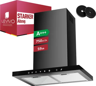 A product shot of a black range hood with marketing labels and accessories.