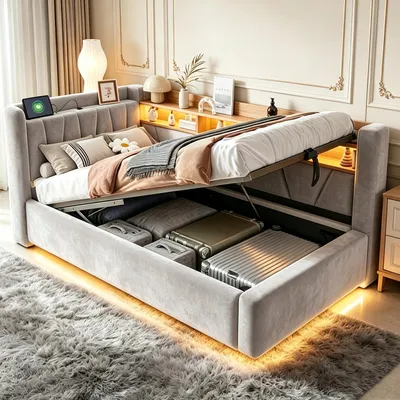 Produktbild von LVHOM Polsterbett 90x200 cm mit Bettkasten & LED, Samt Funktionsbett mit USB & Type-C, Stauraum-Rückenlehne, Einzelbett für Gästezimmer, Grau